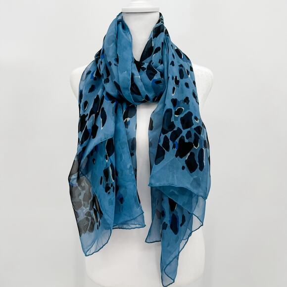 Burberry Scarf Silk Authentic Lightweight Sheer Blue Black Leopard Cheetah - Picture 1 of 10